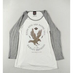 Harley-Davidson Shirt Womens Medium White Gray Raglan Rhinestone Biker Tunic‎